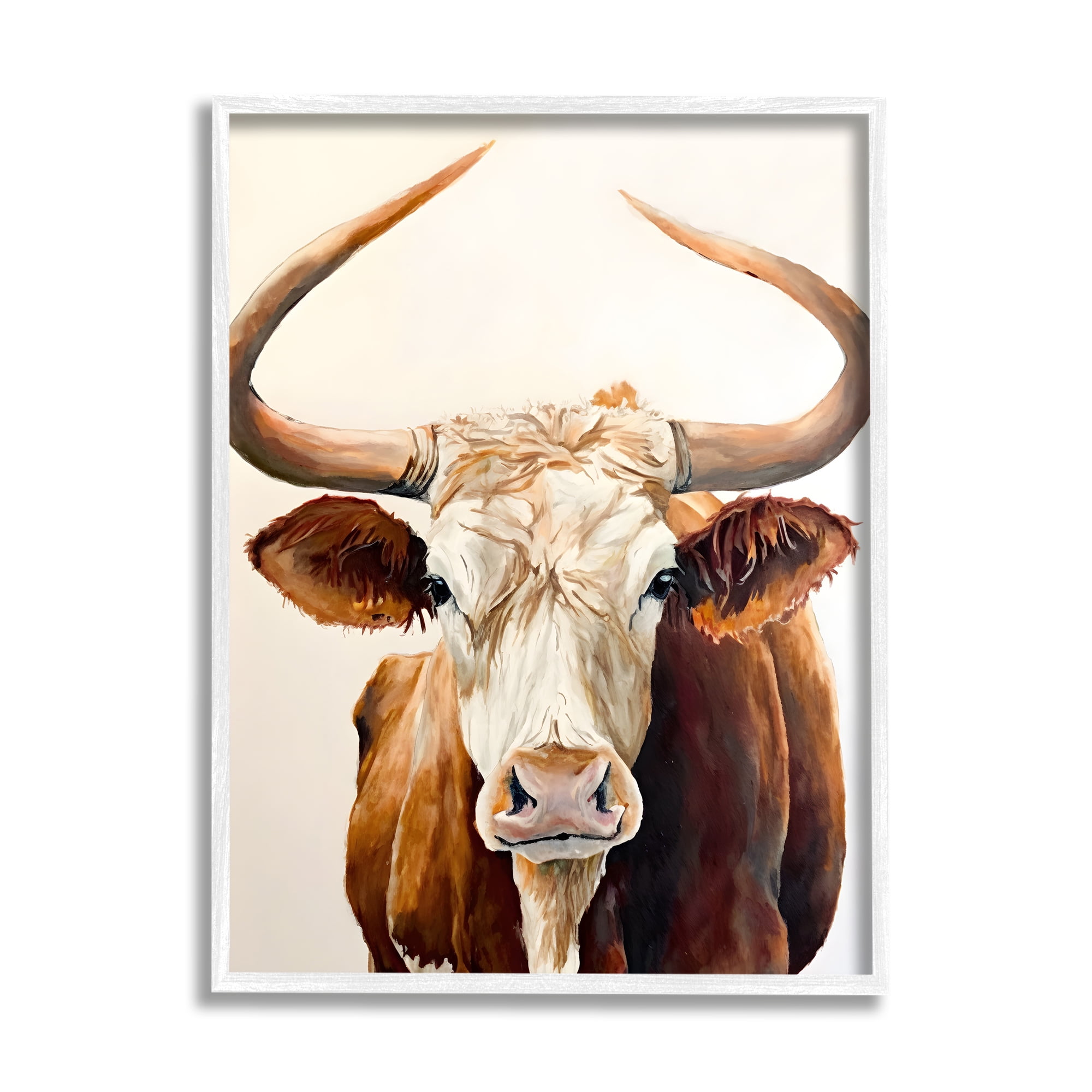 Stupell Industries Longhorn with Curved Horns Animals & Insects Painting White Framed Art Print Wall Art, 16 x 20