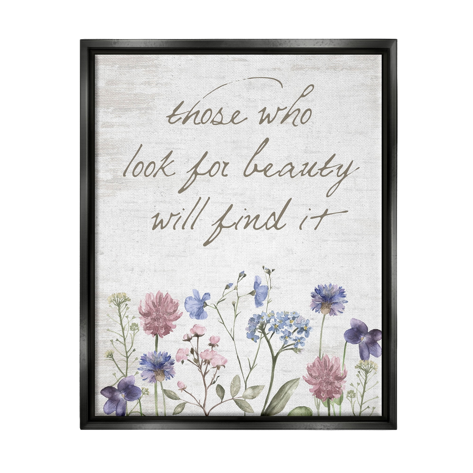 Stupell Industries Look For Beauty Inspiring Flower Blossom Calligraphy Graphic Art Jet Black Floating Framed Canvas Print Wall Art, Design by Lettered and Lined