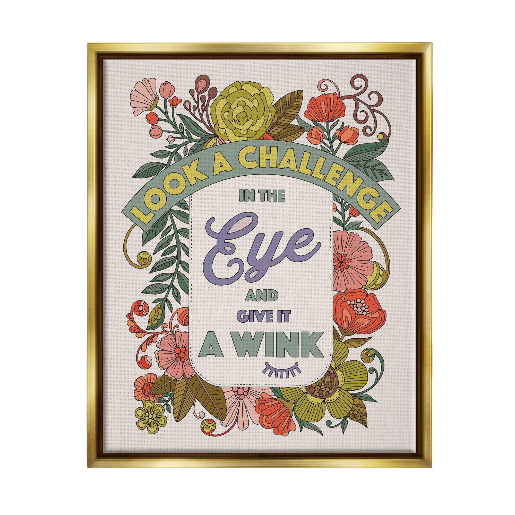 Stupell Industries Look A Challenge In The Eye Detailed Floral Patterns Graphic Art Metallic Gold Floating Framed Canvas Print Wall Art, Design by Valentina Harper