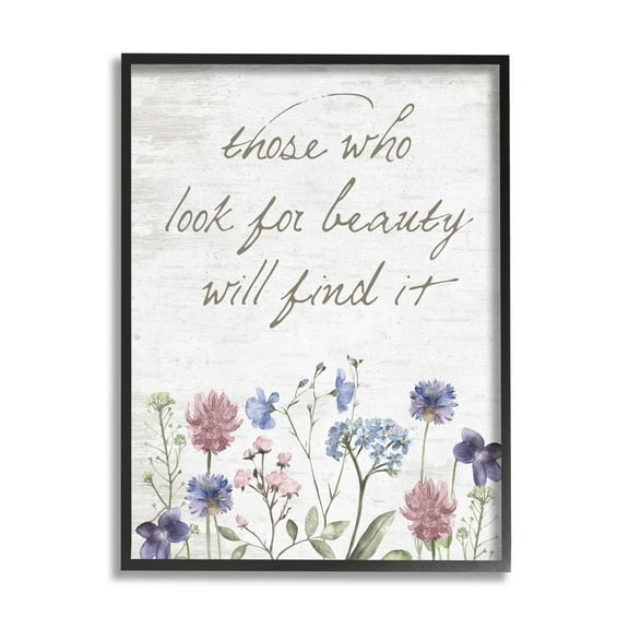 Stupell Industries Look For Beauty Inspiring Flower Blossom Calligraphy Graphic Art Black Framed Art Print Wall Art, Design by Lettered and Lined