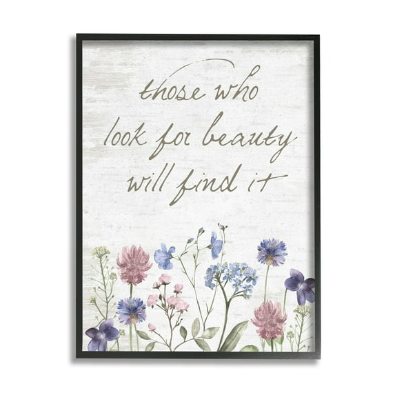 Stupell Industries Look For Beauty Inspiring Flower Blossom Calligraphy Graphic Art Black Framed Art Print Wall Art, Design by Lettered and Lined
