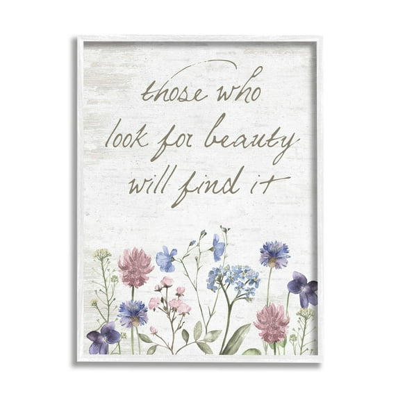 Stupell Industries Look For Beauty Inspiring Flower Blossom Calligraphy Graphic Art White Framed Art Print Wall Art, Design by Lettered and Lined