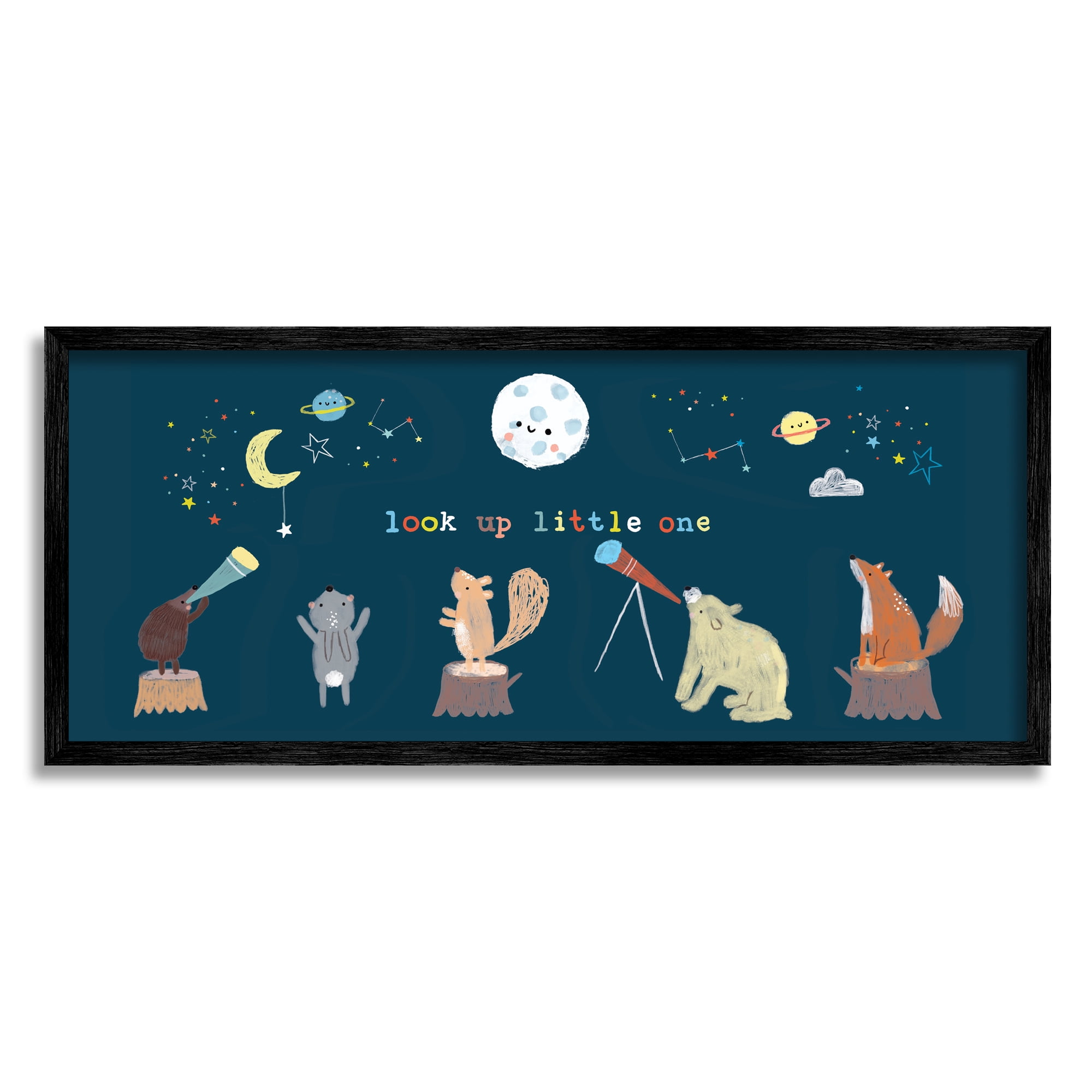 Stupell Industries Look Up Little One Forest Animals under Starry Sky Cabin Painting Black Framed Art Print Wall Art, 13 x 30, Design by Linda Birtel