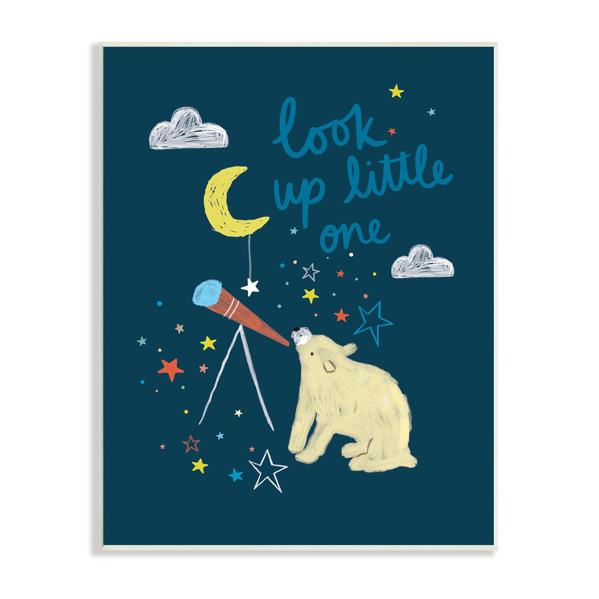 Stupell Industries Look Up Little One Phrase Kid's Telescope Bear, 10 x 15, Designed by Linda Birtel