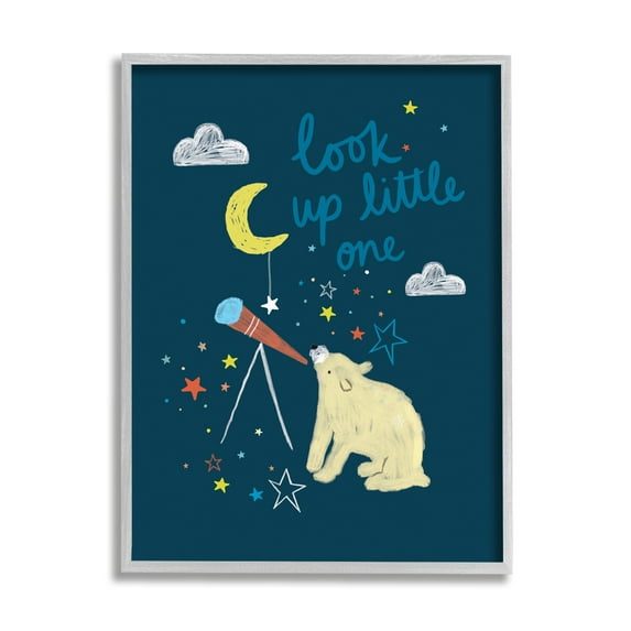 Stupell Industries Look Up Little One Phrase Kid's Telescope Bear Graphic Art Gray Framed Art Print Wall Art, 16x20, by Linda Birtel