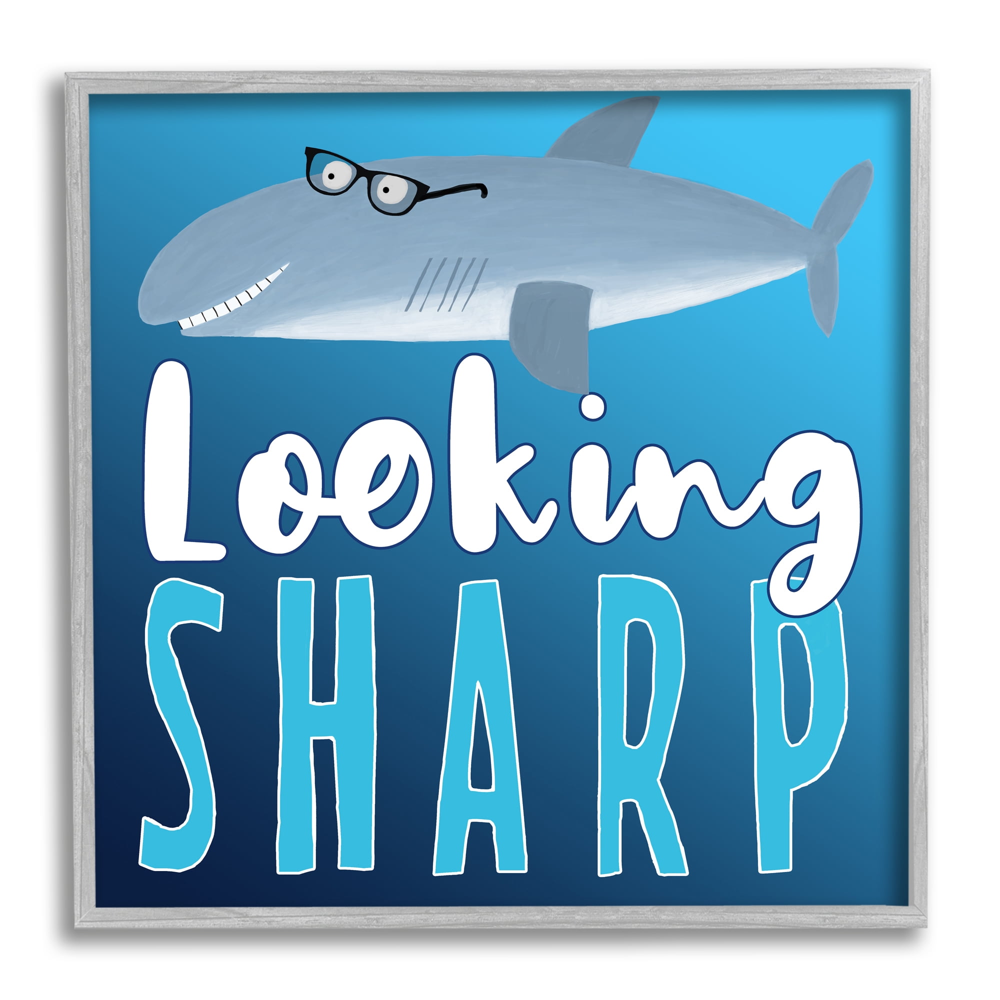 Stupell Industries Looking Sharp Shark Animals & Insects Painting Gray Framed Art Print Wall Art, 12 x 12