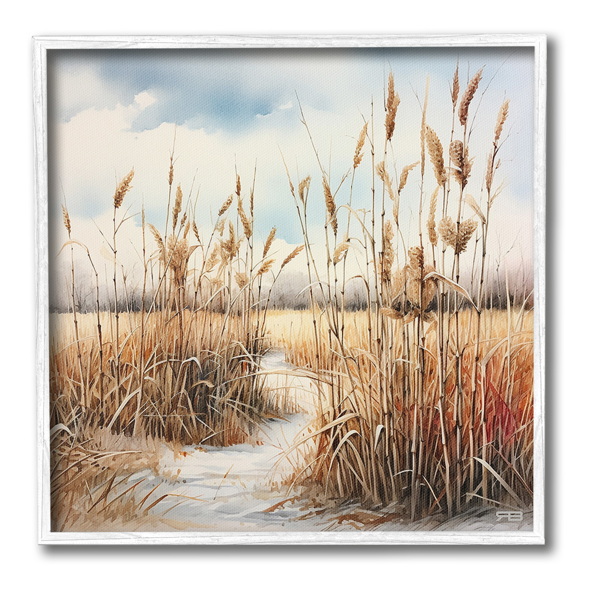 Stupell Industries Looming Beach Reeds Landscape Painting White Framed Art Print Wall Art, 17 x 17