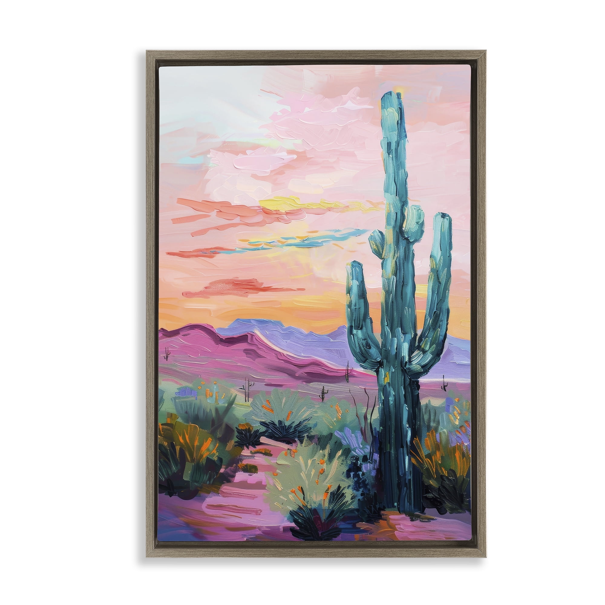 Stupell Industries Looming Cactus Pastel Sky Landscape & Nature Painting Brown Floater Framed Canvas Art Print Wall Art, 21 x 31