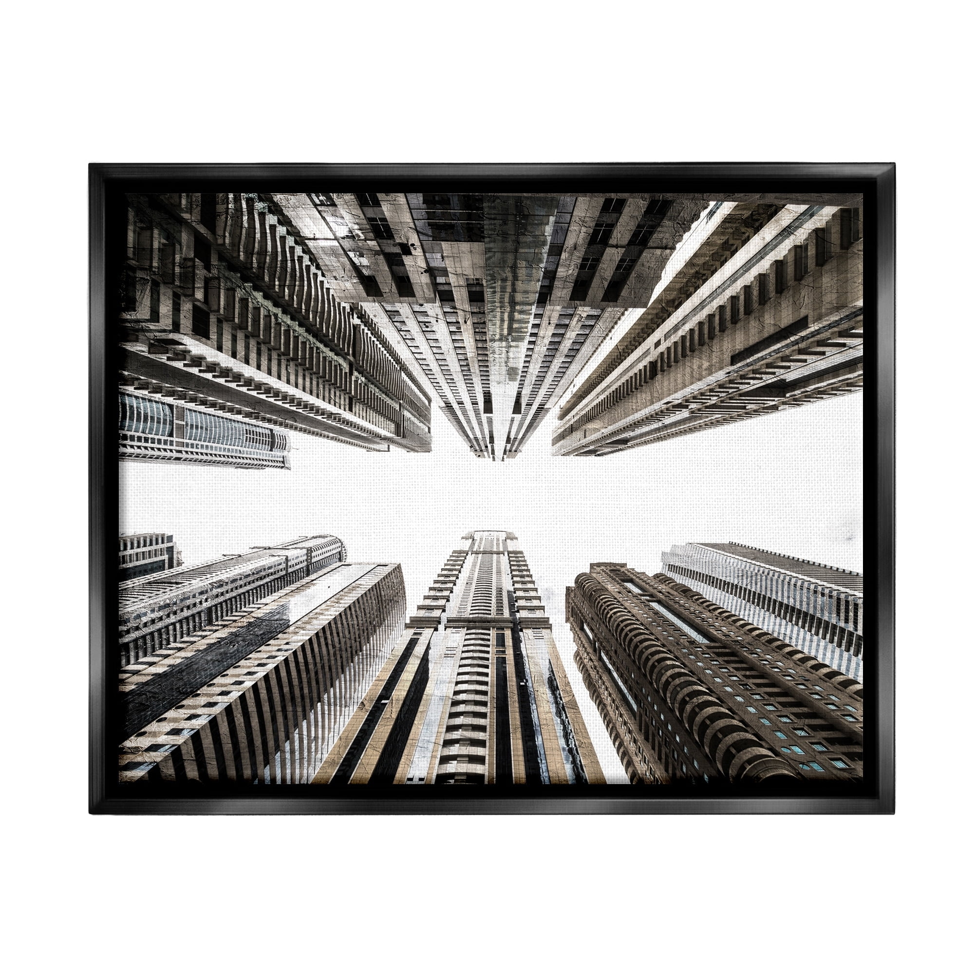 Stupell Industries Looming City Buildings Looking Up Urban Architecture Photograph Jet Black Floating Framed Canvas Print Wall Art, Design by Kim Allen