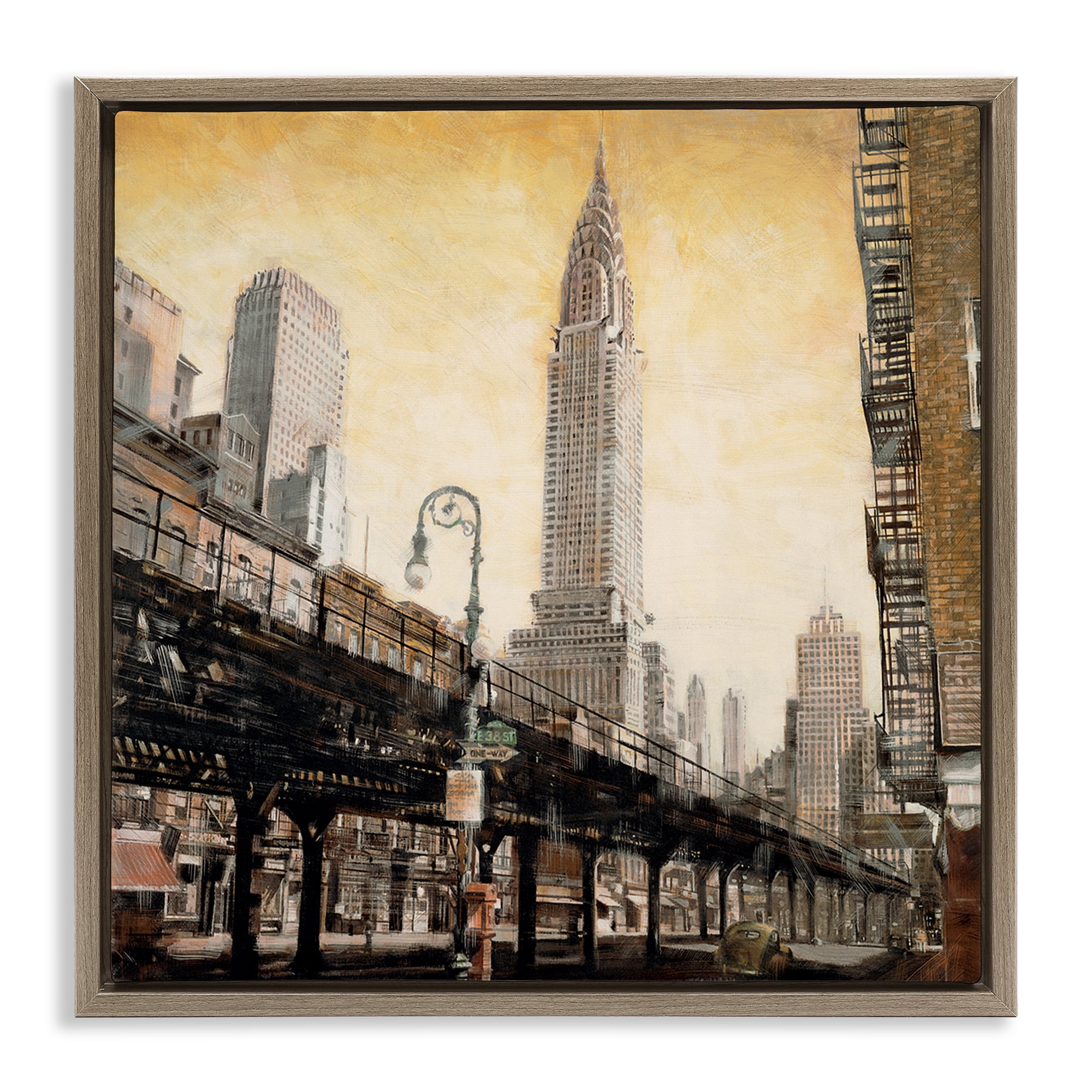 Stupell Industries Looming City Towers Scenic & Cityscapes Painting Brown Floater Framed Canvas Art Print Wall Art, 18 x 18