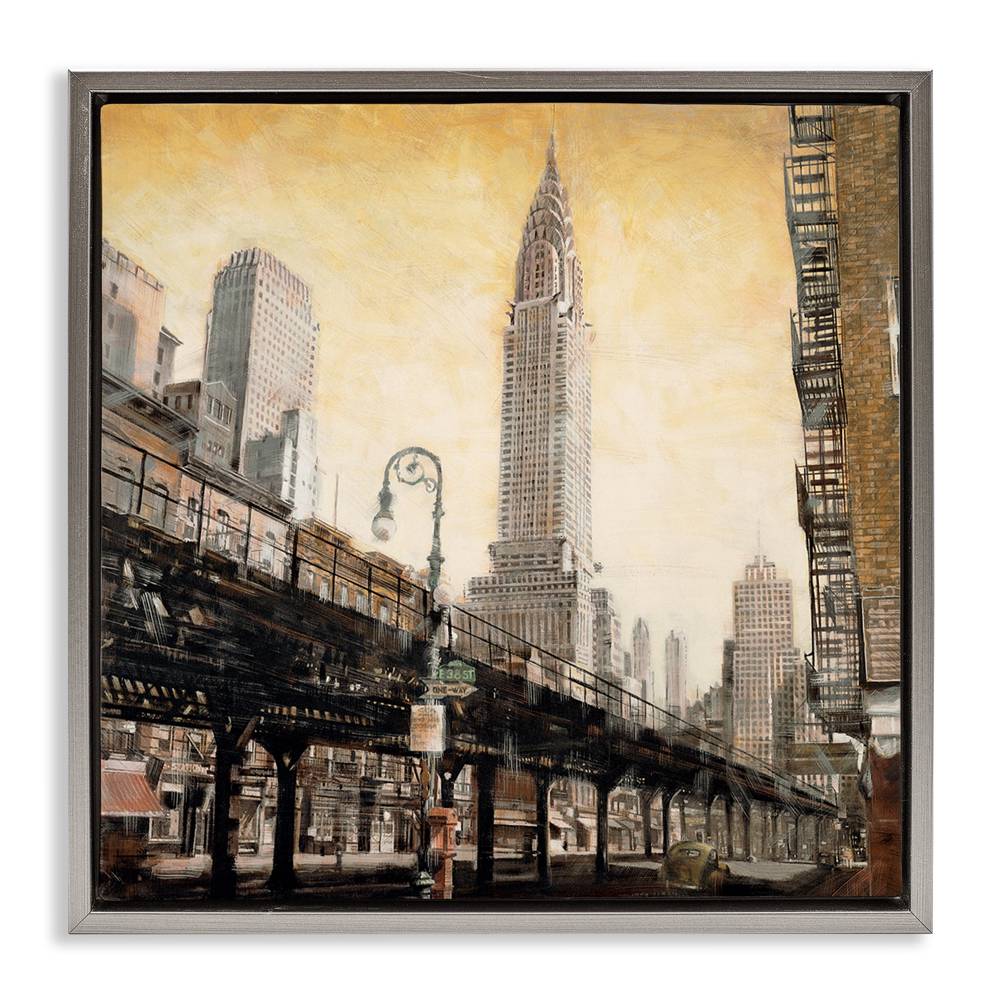 Stupell Industries Looming City Towers Scenic & Cityscapes Painting Gray Floater Framed Canvas Art Print Wall Art, 18 x 18