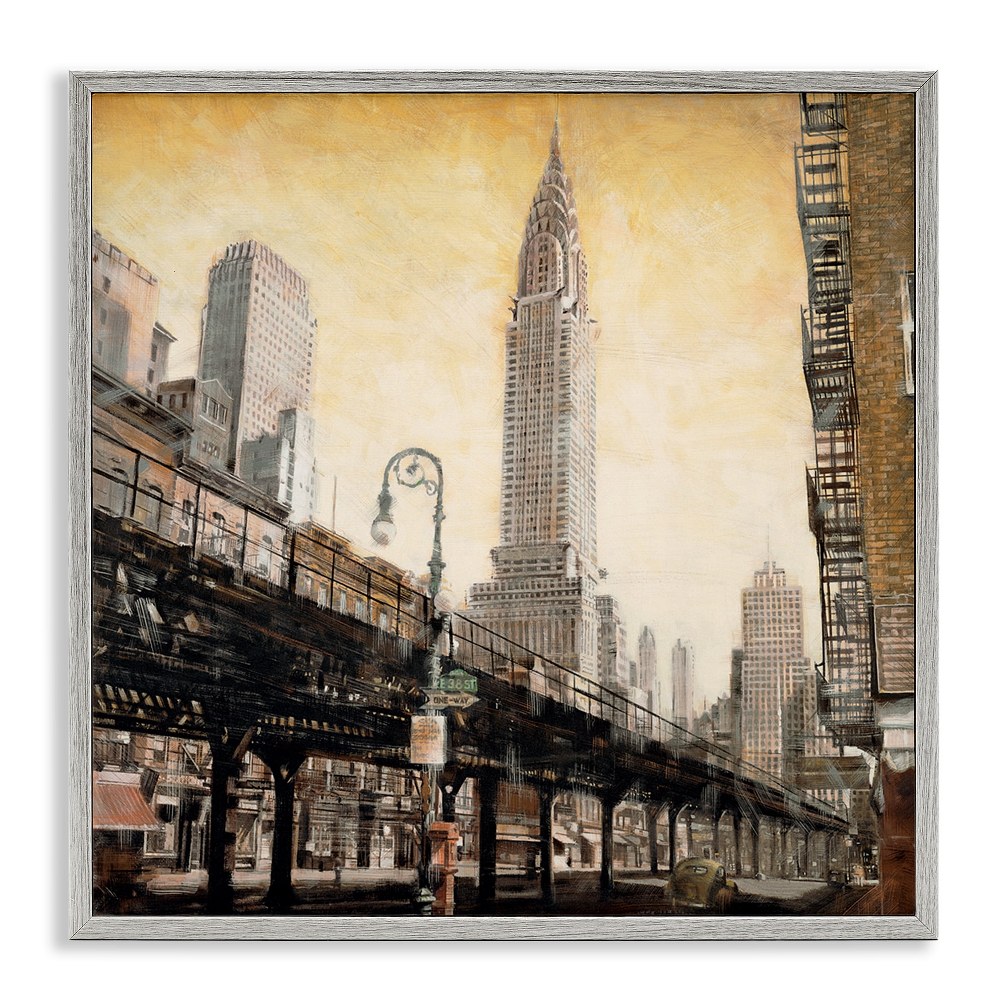 Stupell Industries Looming City Towers Scenic & Cityscapes Painting Gray Framed Art Print Wall Art, 12 x 12