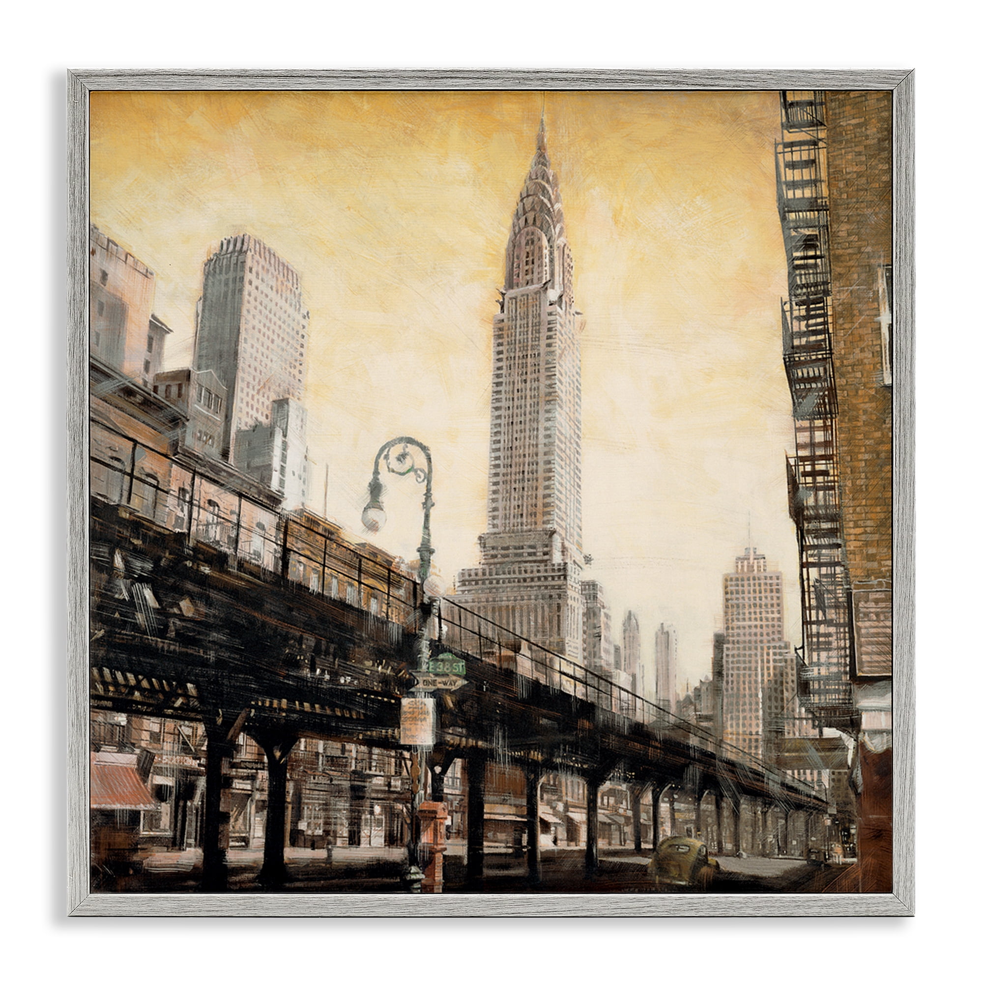 Stupell Industries Looming City Towers Scenic & Cityscapes Painting Gray Framed Art Print Wall Art, 17 x 17