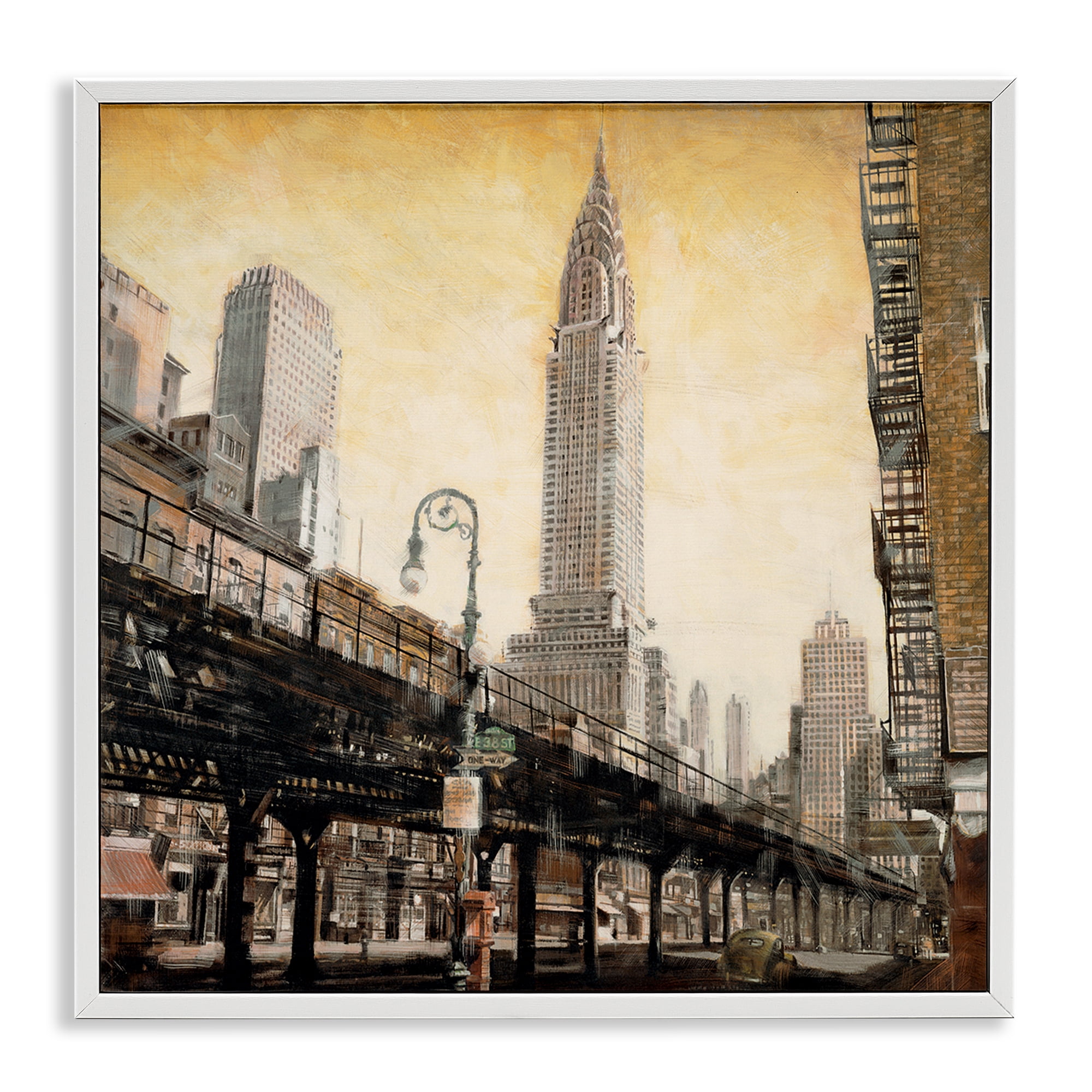 Stupell Industries Looming City Towers Scenic & Cityscapes Painting White Framed Art Print Wall Art, 24 x 24