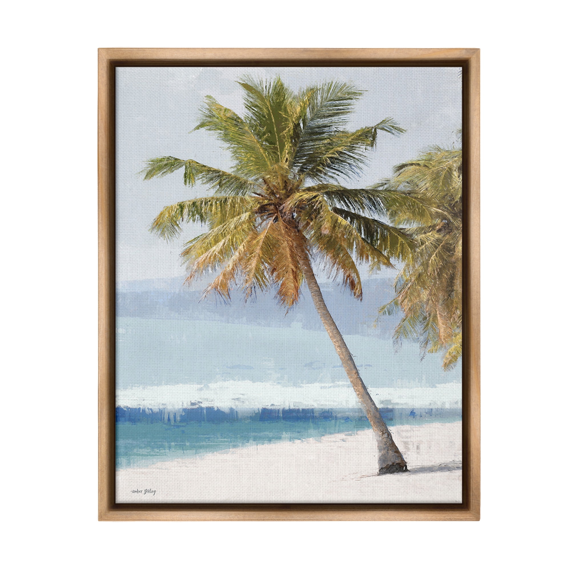 Stupell Industries Looming Palms on Shore Landscape Painting Brown Floater Framed Canvas Art Print Wall Art, 25 x 31
