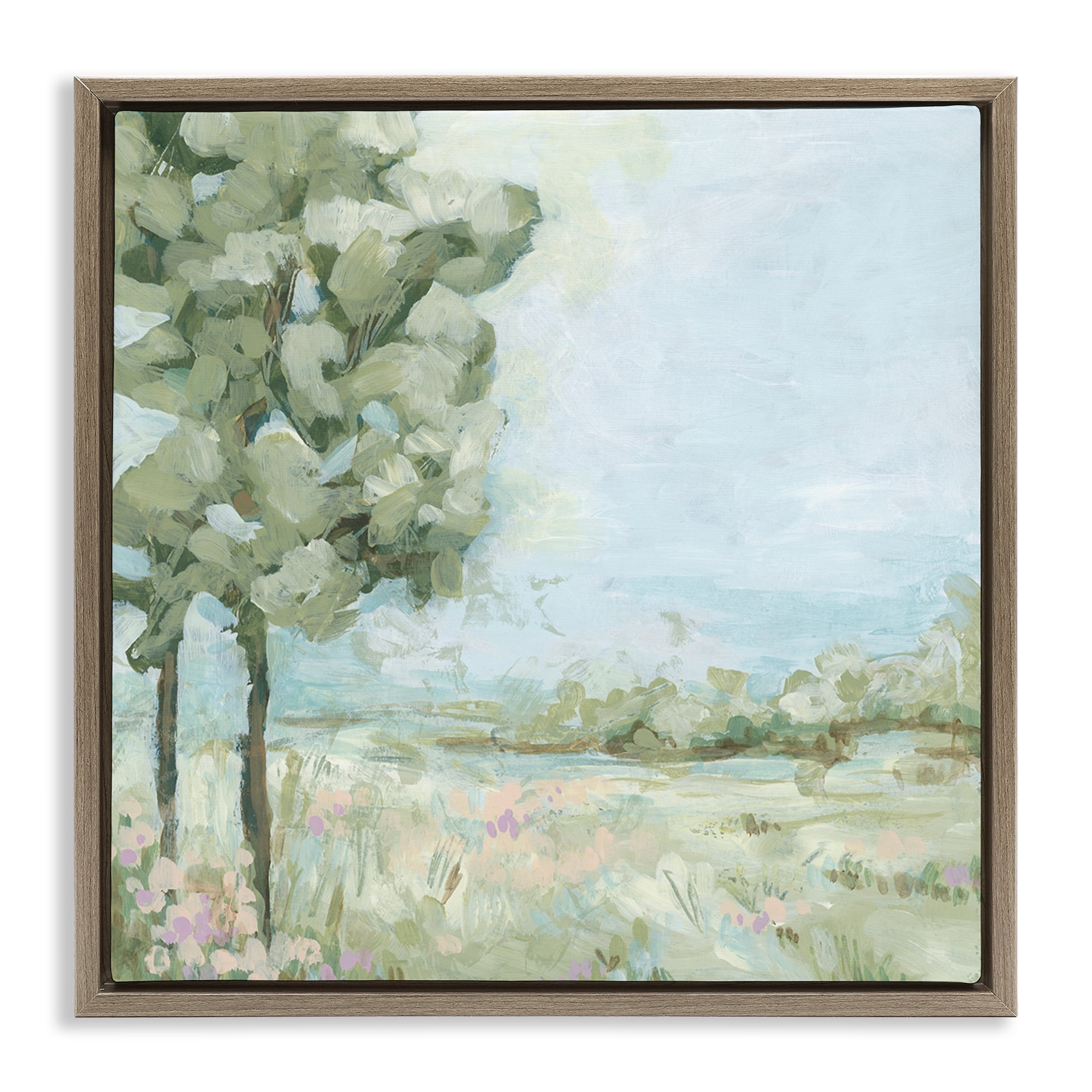 Stupell Industries Looming Tree by Field Landscape & Nature Painting Brown Floater Framed Canvas Art Print Wall Art, 18 x 18