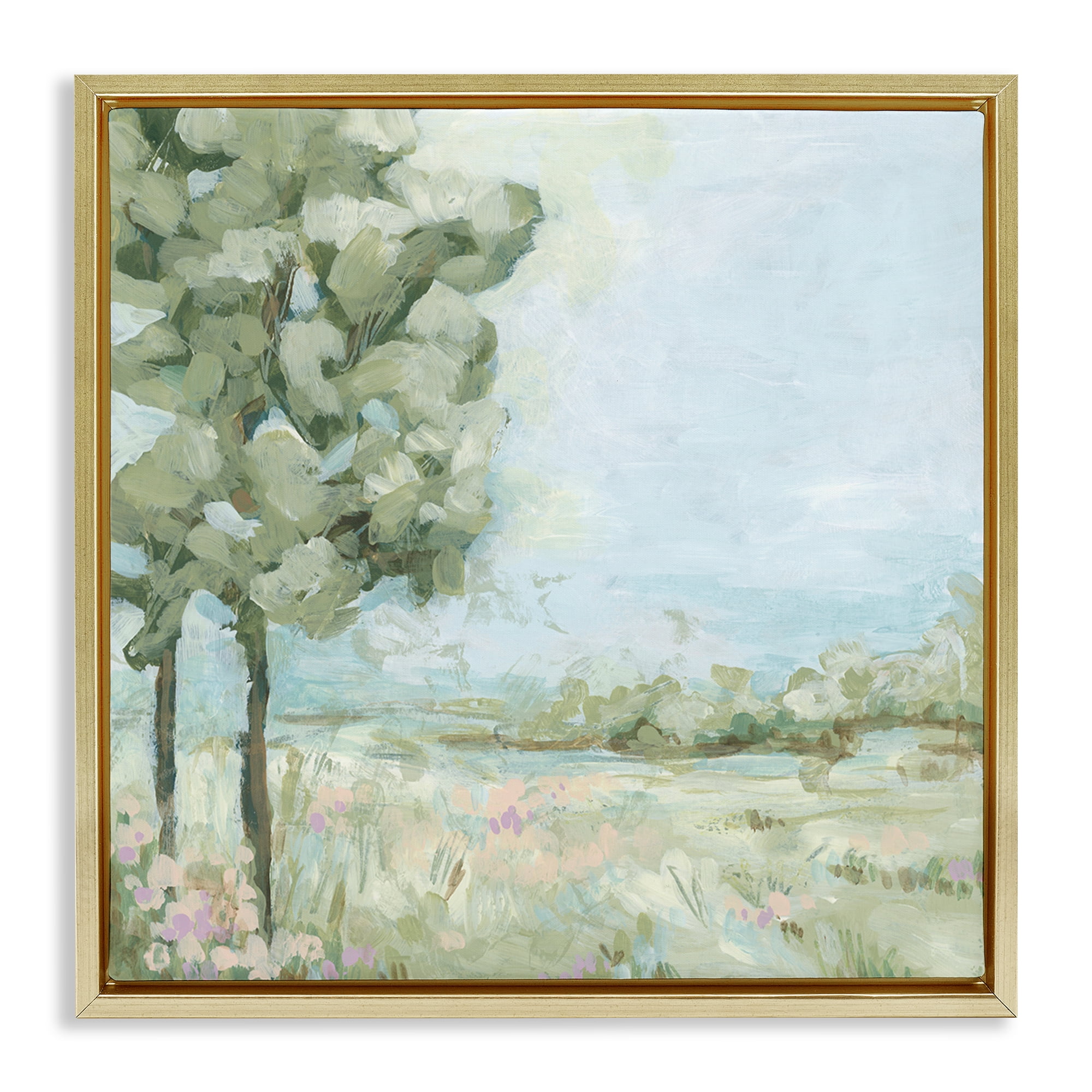 Stupell Industries Looming Tree by Field Landscape & Nature Painting Gold Floater Framed Canvas Art Print Wall Art, 18 x 18