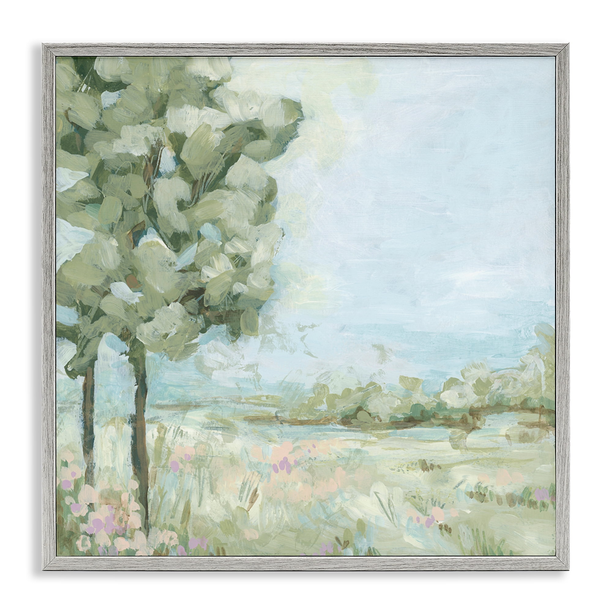 Stupell Industries Looming Tree by Field Landscape & Nature Painting Gray Framed Art Print Wall Art, 12 x 12