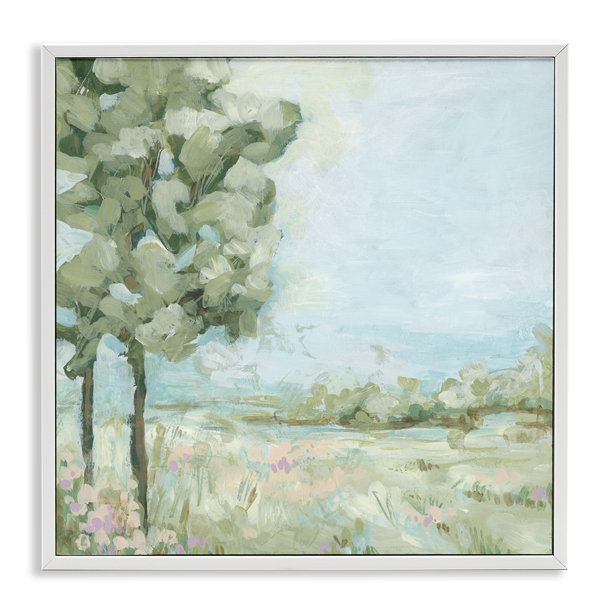 Stupell Industries Looming Tree by Field Landscape & Nature Painting White Framed Art Print Wall Art, 12 x 12