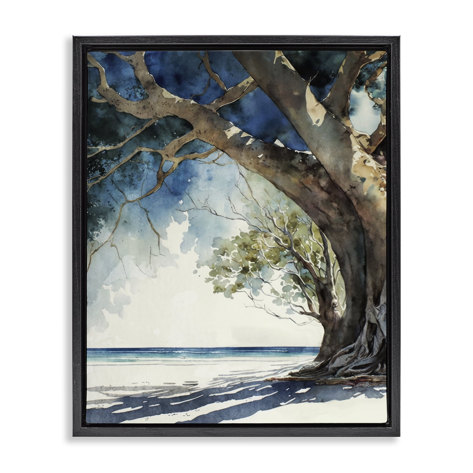 Stupell Industries Looming Tree on Coast Landscape & Nature Painting Black Floater Framed Canvas Art Print Wall Art, 25 x 31