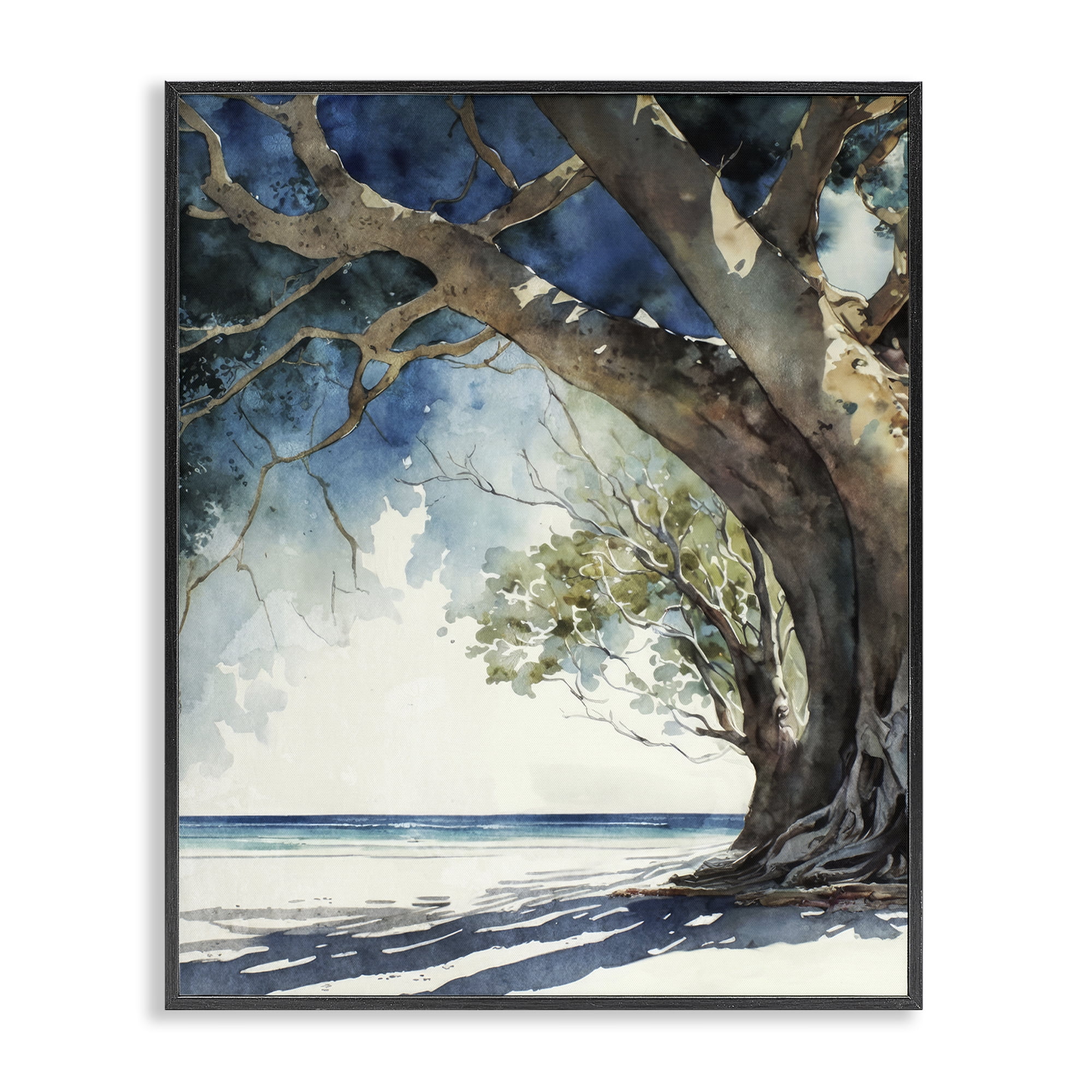 Stupell Industries Looming Tree on Coast Landscape & Nature Painting Black Framed Art Print Wall Art, 16 x 20