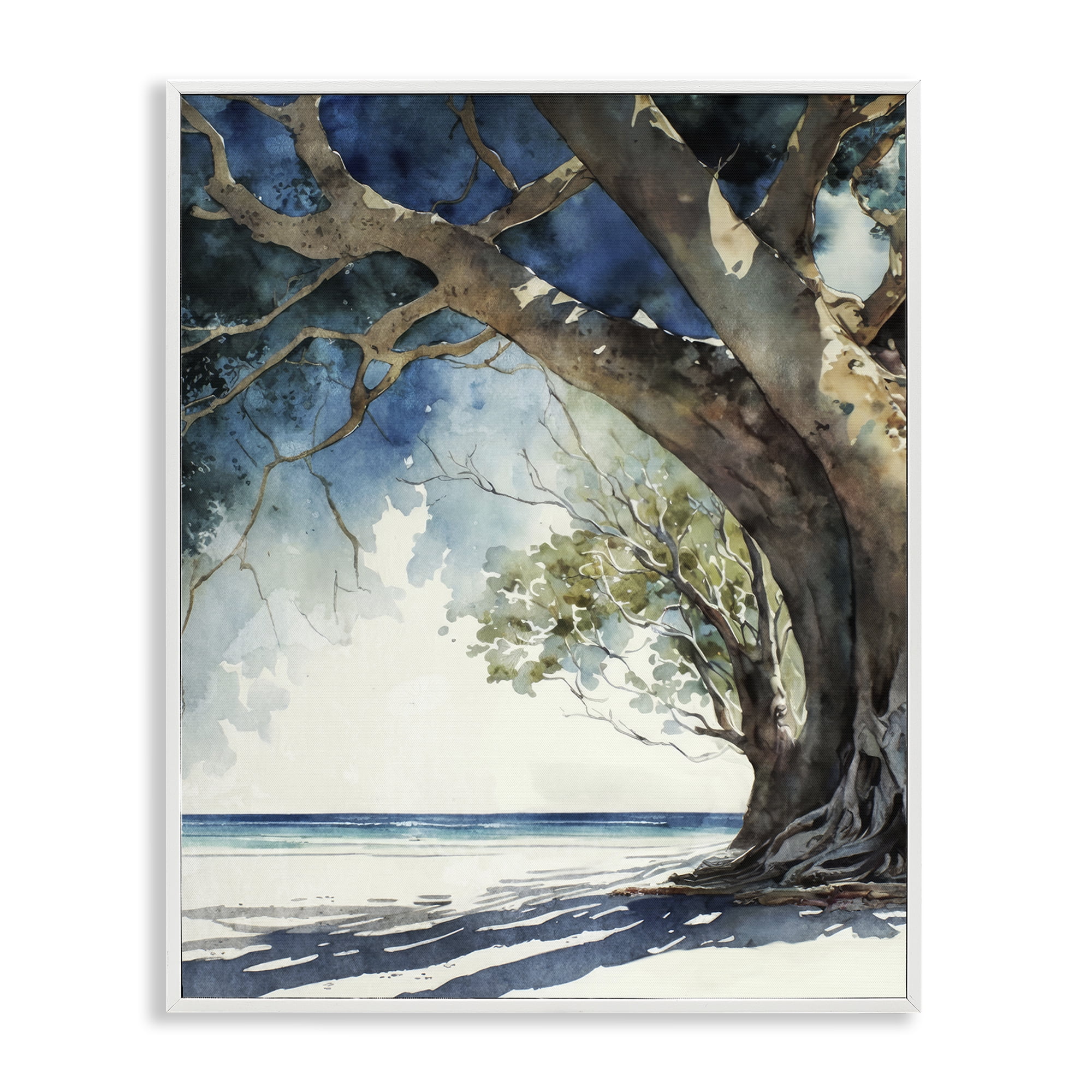 Stupell Industries Looming Tree on Coast Landscape & Nature Painting White Framed Art Print Wall Art, 16 x 20