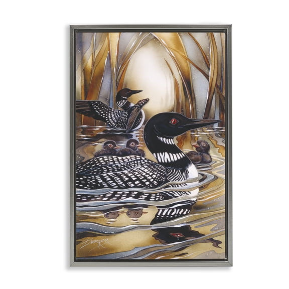 Stupell Industries Loon Family Among Pond Ripples Animals Painting Gray Floater Framed Canvas Art Print Wall Art, 17 x 25