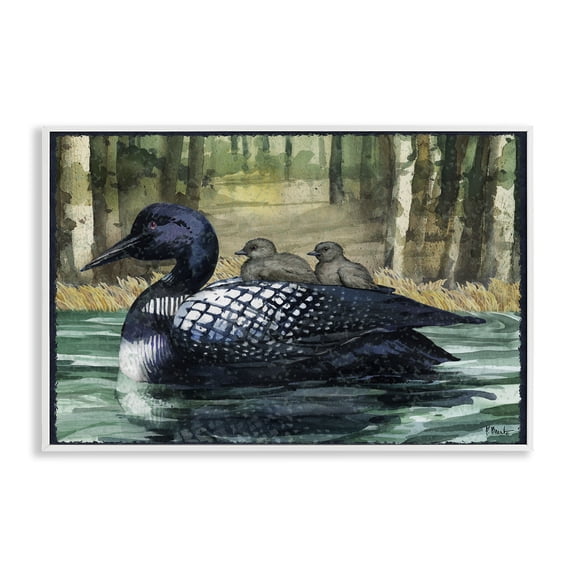 Stupell Industries Loon Family on Lake Animals Painting White Framed Art Print Wall Art, 30 x 20