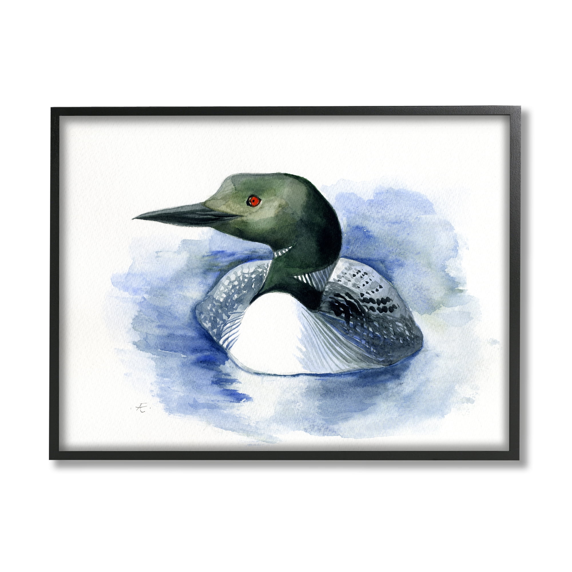 Stupell Industries Loon in Blue Lake Minimal Canadian Water Bird Animals & Insects Painting Black Framed Art Print Wall Art, 24 x 30