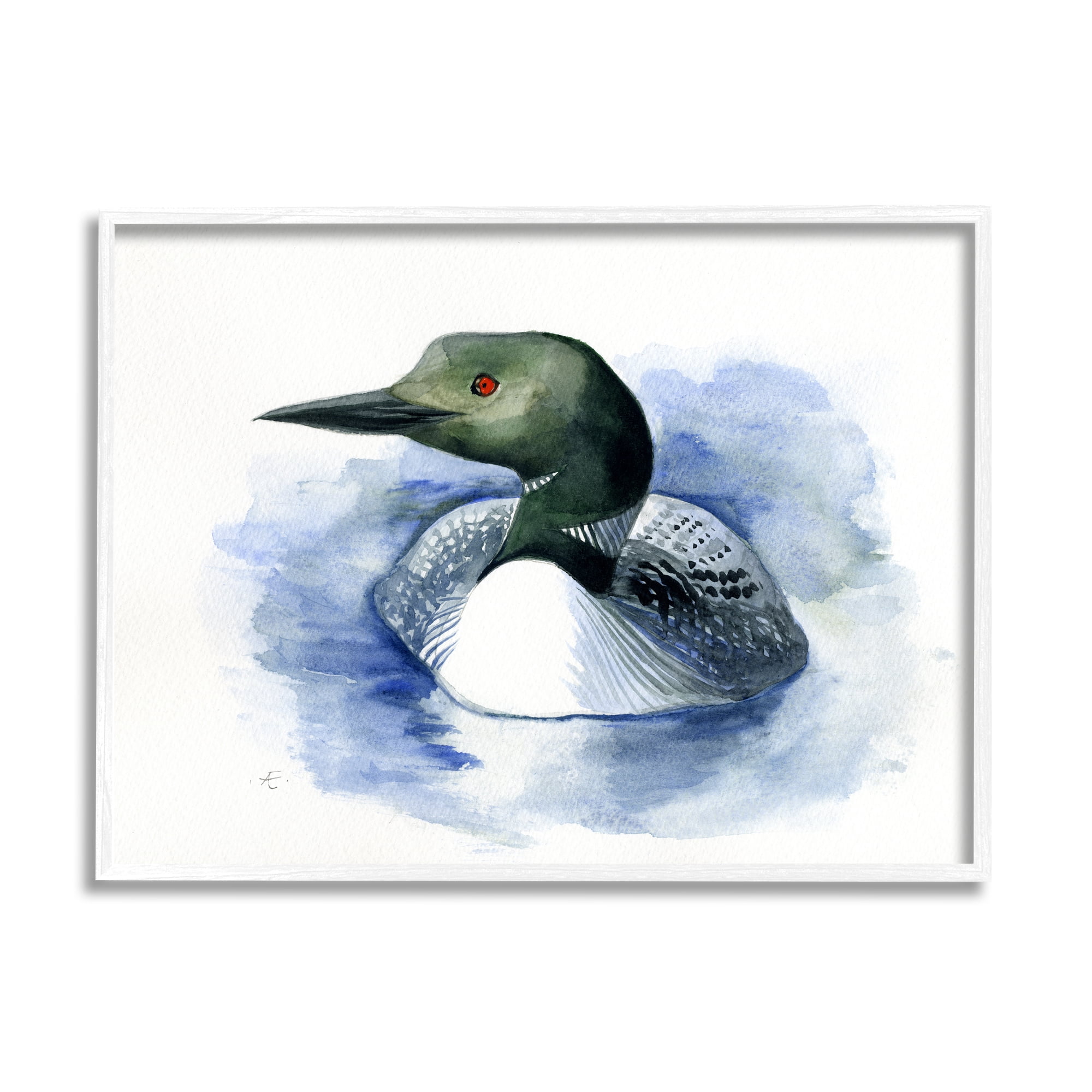 Stupell Industries Loon in Blue Lake Minimal Canadian Water Bird Animals & Insects Painting White Framed Art Print Wall Art, 24 x 30