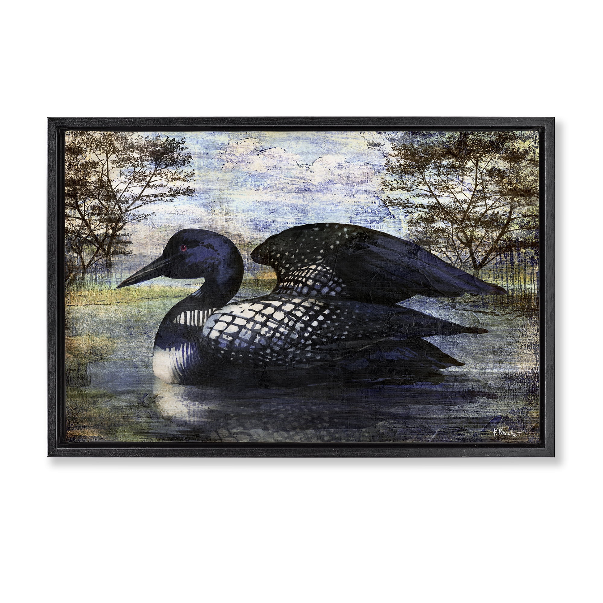 Stupell Industries Loon in Rustic Pond Animals Painting Black Floater Framed Canvas Art Print Wall Art, 31 x 21