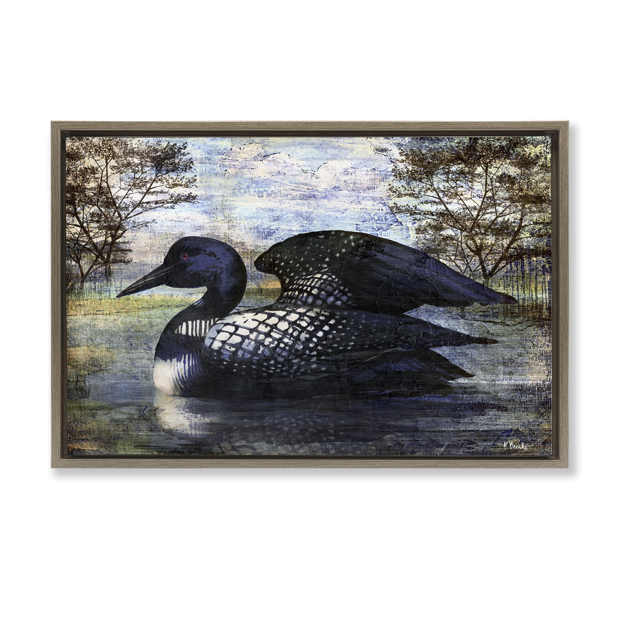 Stupell Industries Loon in Rustic Pond Animals Painting Brown Floater Framed Canvas Art Print Wall Art, 25 x 17