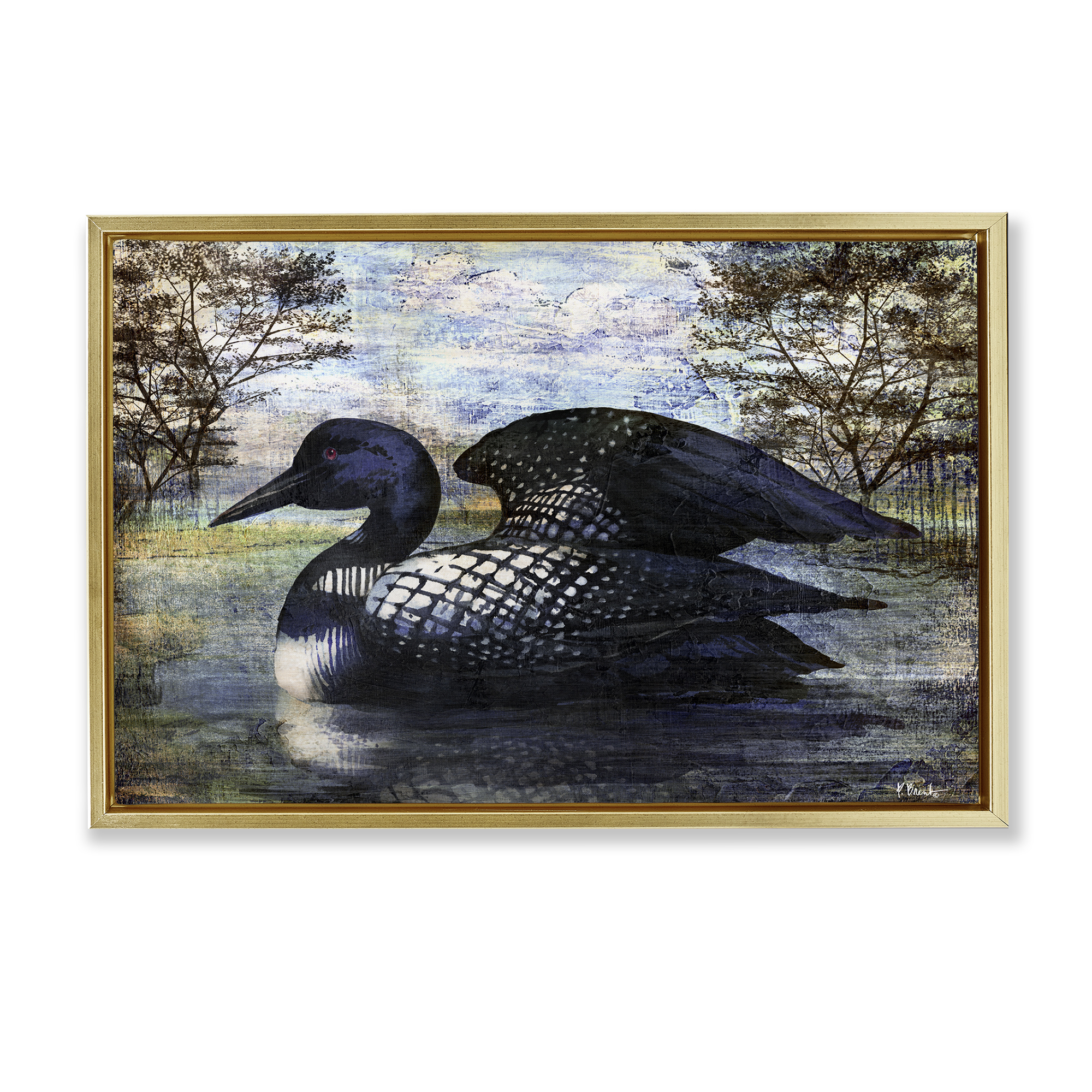Stupell Industries Loon in Rustic Pond Animals Painting Gold Floater Framed Canvas Art Print Wall Art, 25 x 17