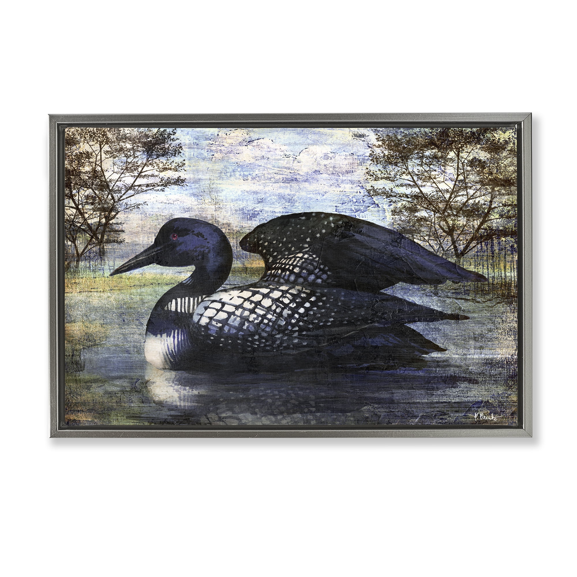 Stupell Industries Loon in Rustic Pond Animals Painting Gray Floater Framed Canvas Art Print Wall Art, 25 x 17