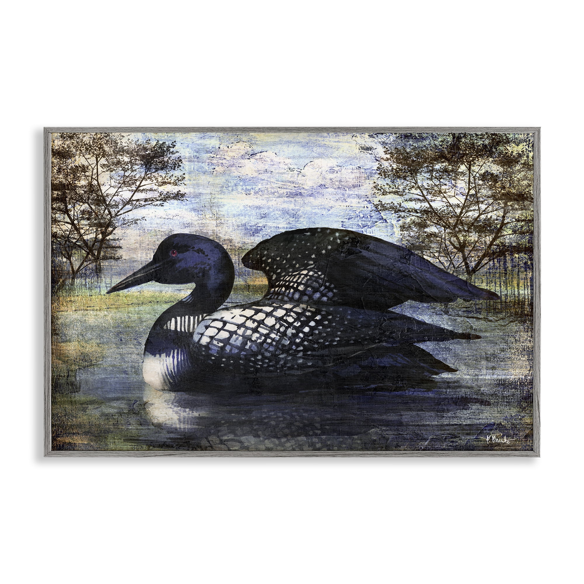 Stupell Industries Loon in Rustic Pond Animals Painting Gray Framed Art Print Wall Art, 18 x 12