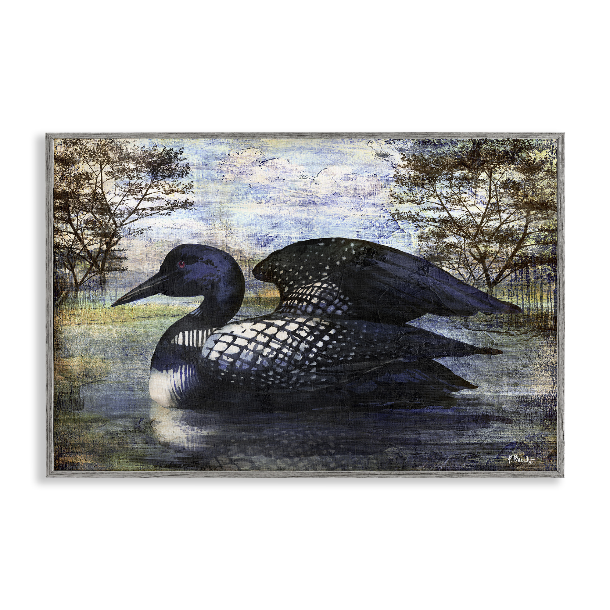 Stupell Industries Loon in Rustic Pond Animals Painting Gray Framed Art Print Wall Art, 30 x 20