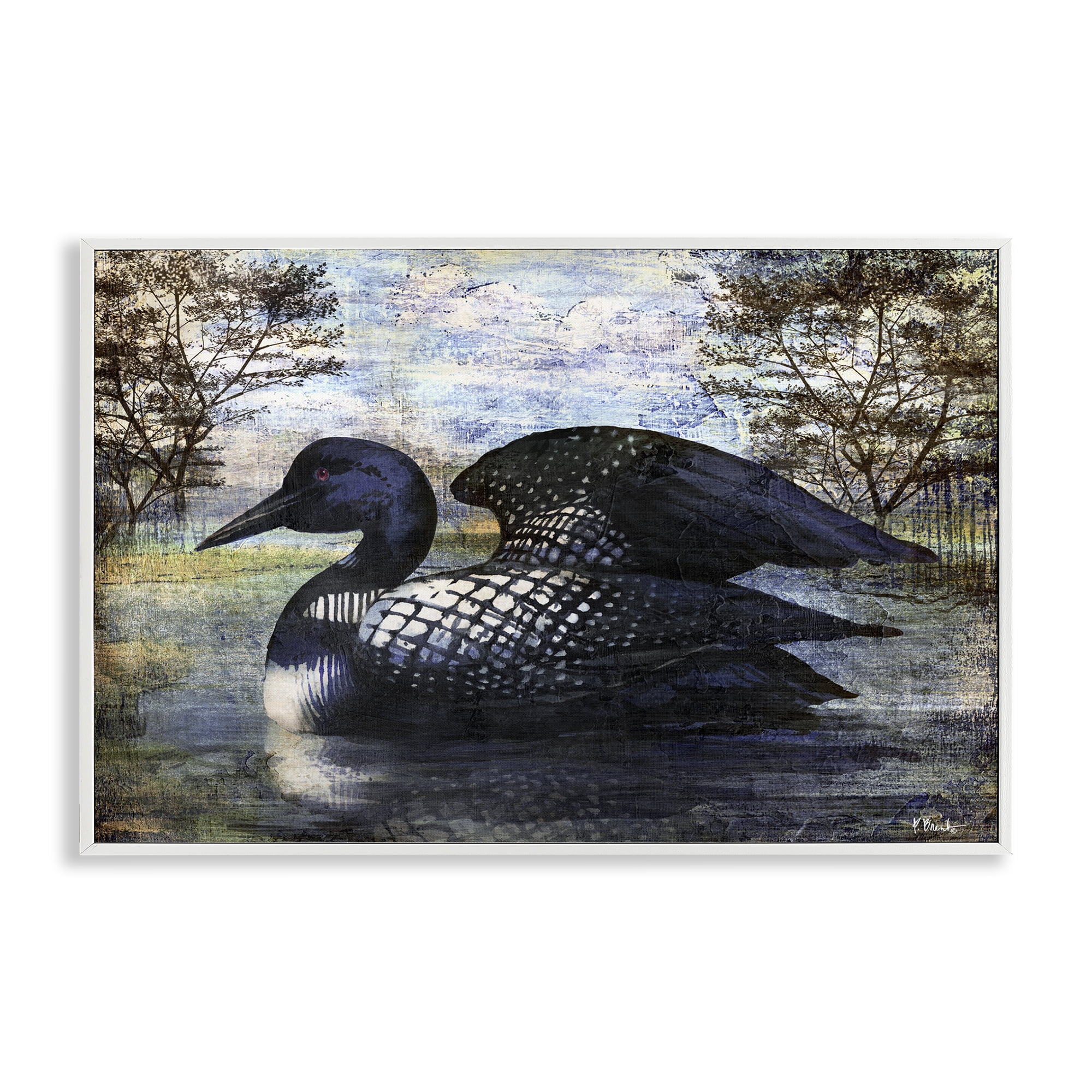 Stupell Industries Loon in Rustic Pond Animals Painting White Framed Art Print Wall Art, 18 x 12