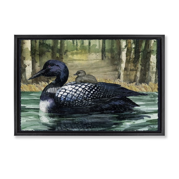 Stupell Industries Loon with Baby on Lake Animals Painting Black Floater Framed Canvas Art Print Wall Art, 25 x 17