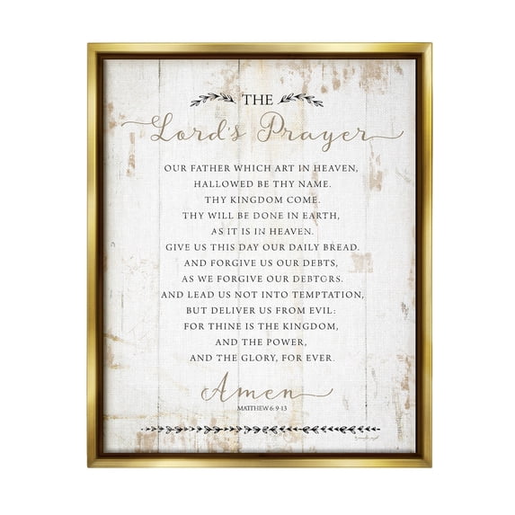 Stupell Industries The Lords Prayer Our Father Rustic Distressed White Wood Look Metallic Gold Framed Floating Canvas Wall Art, 24x30, by Jennifer Pugh
