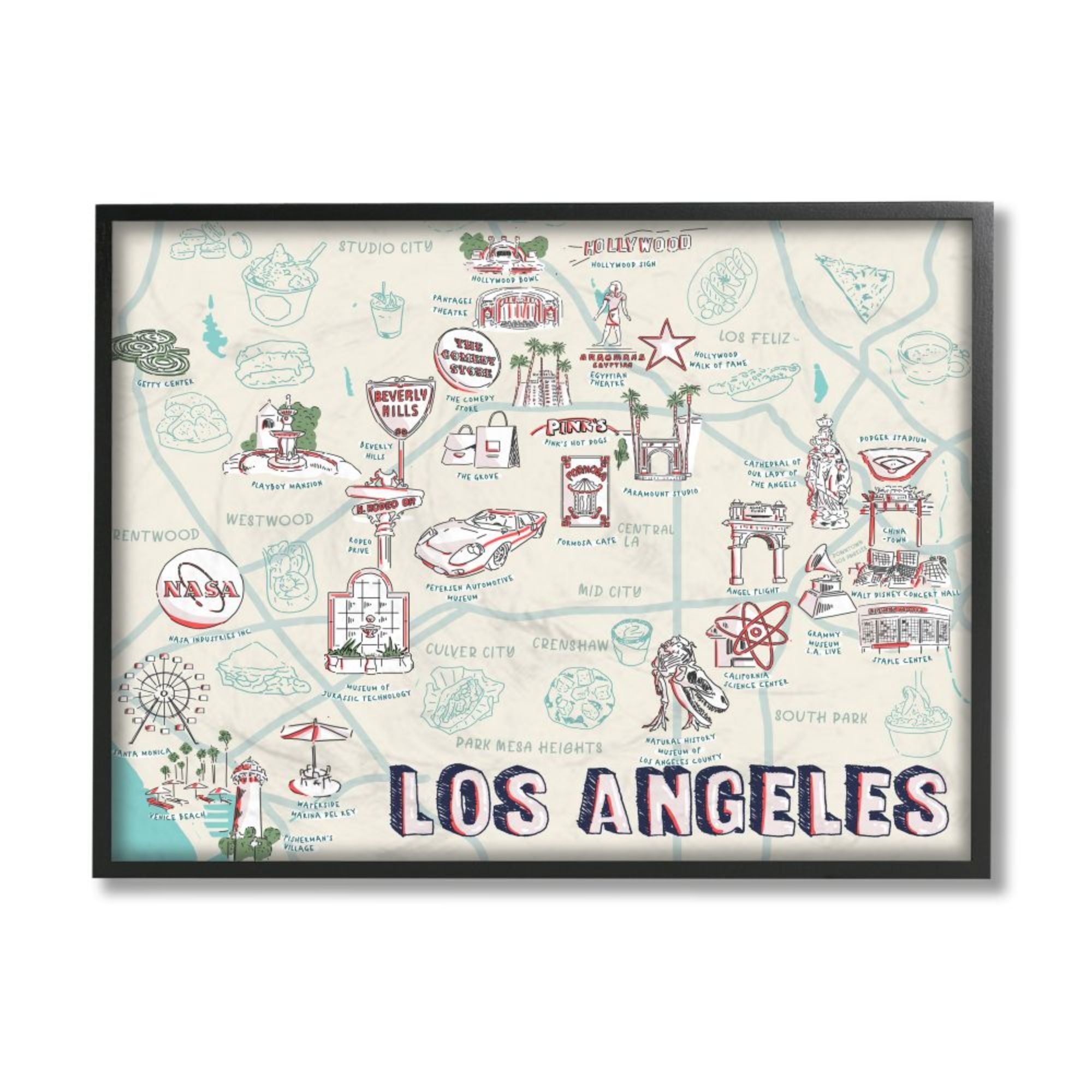 Stupell Industries Los Angeles California City Landmark Map Famous Destinations Design by Ziwei Li, 24" x 30", Black Framed