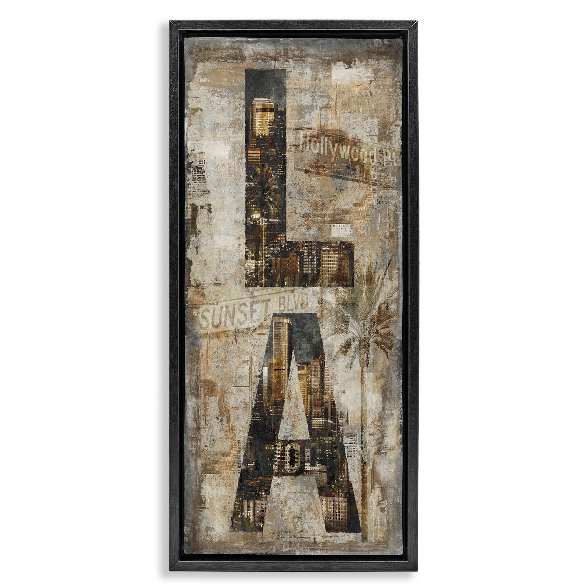 Stupell Industries Los Angeles Montage Collage Town & City Painting Black Floater Framed Canvas Art Print Wall Art, 15 x 31