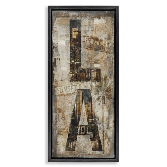 Stupell Industries Los Angeles Montage Collage Town & City Painting Black Floater Framed Canvas Art Print Wall Art, 15 x 31