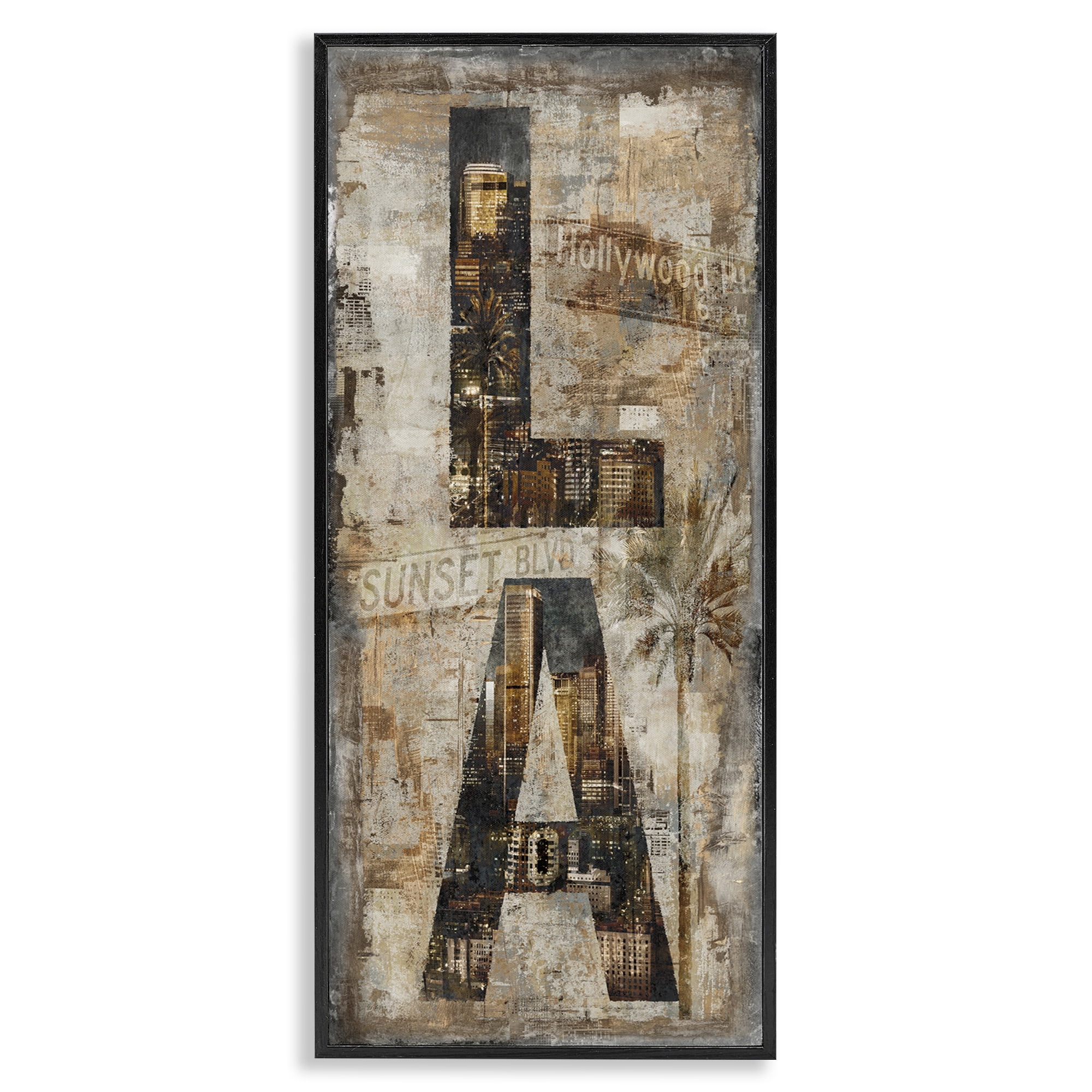 Stupell Industries Los Angeles Montage Collage Town & City Painting Black Framed Art Print Wall Art, 13 x 30