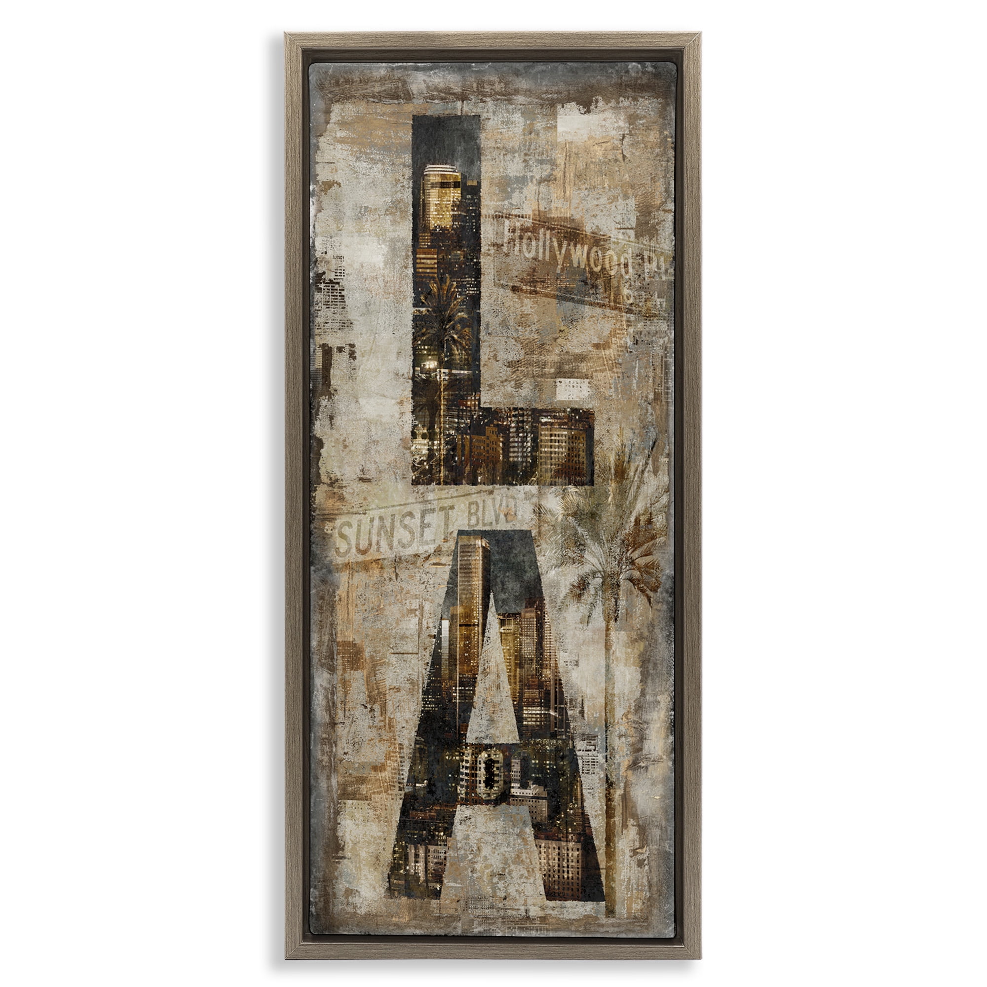 Stupell Industries Los Angeles Montage Collage Town & City Painting Brown Floater Framed Canvas Art Print Wall Art, 15 x 31