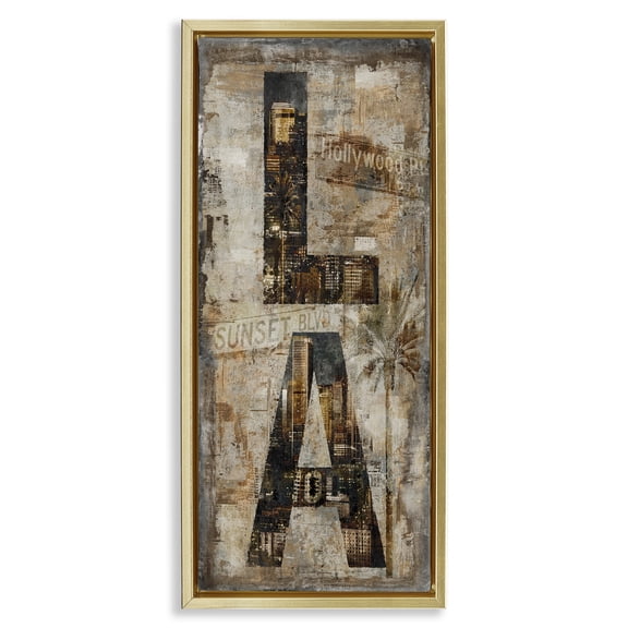 Stupell Industries Los Angeles Montage Collage Town & City Painting Gold Floater Framed Canvas Art Print Wall Art, 11 x 25