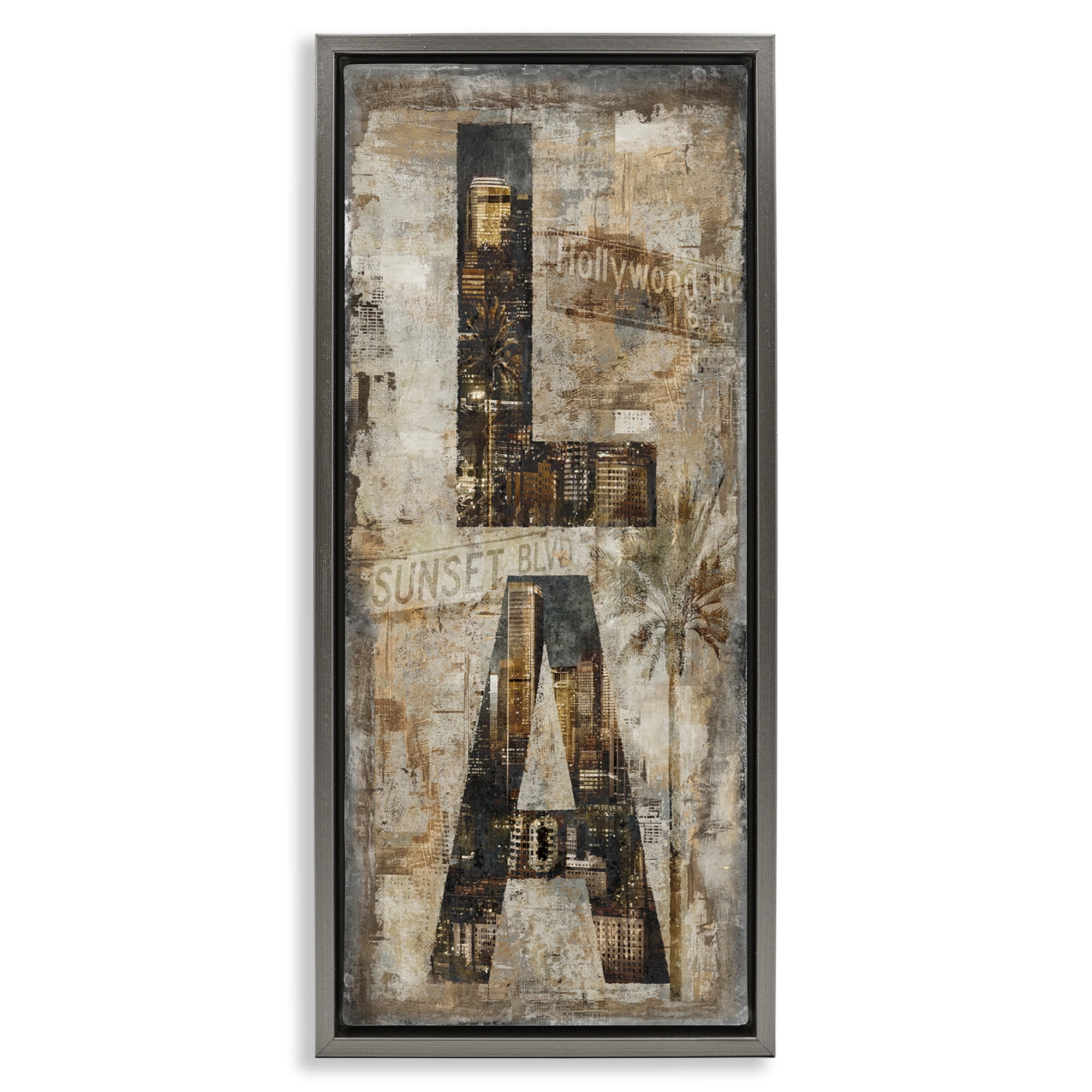 Stupell Industries Los Angeles Montage Collage Town & City Painting Gray Floater Framed Canvas Art Print Wall Art, 11 x 25