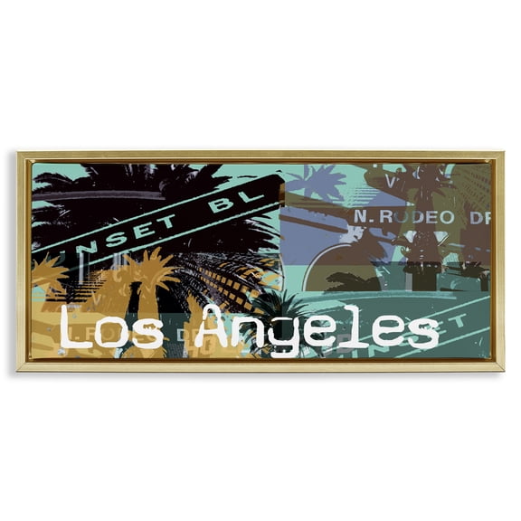 Stupell Industries Los Angeles Travel Collage Town & City Painting Gold Floater Framed Canvas Art Print Wall Art, 31 x 14
