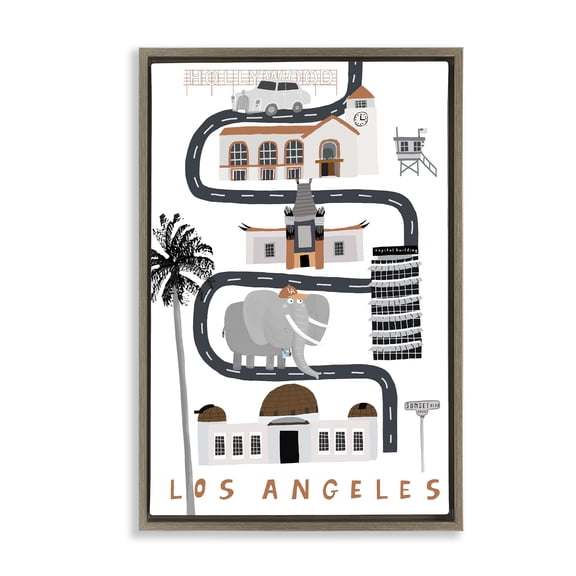 Stupell Industries Los Angeles Whimsical Travel City Cityscapes Painting Brown Floater Framed Canvas Art Print Wall Art, 21 x 31