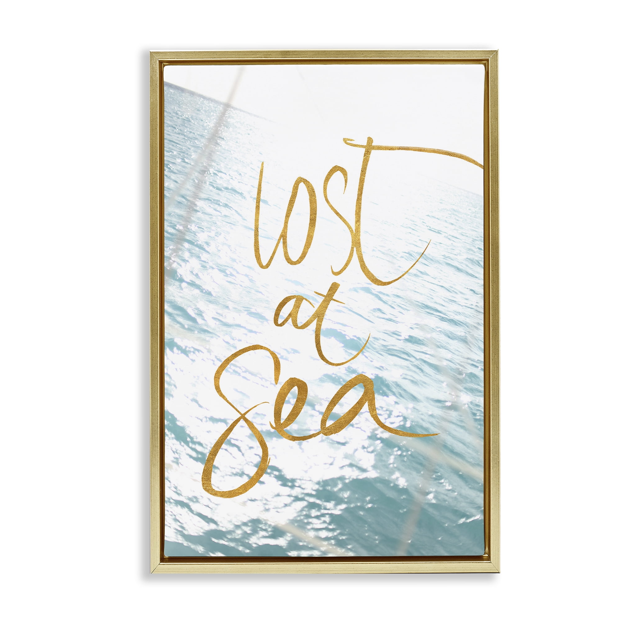 Stupell Industries Lost At Sea Phrase Coastal Painting Gold Floater Framed Canvas Art Print Wall Art, 21 x 31