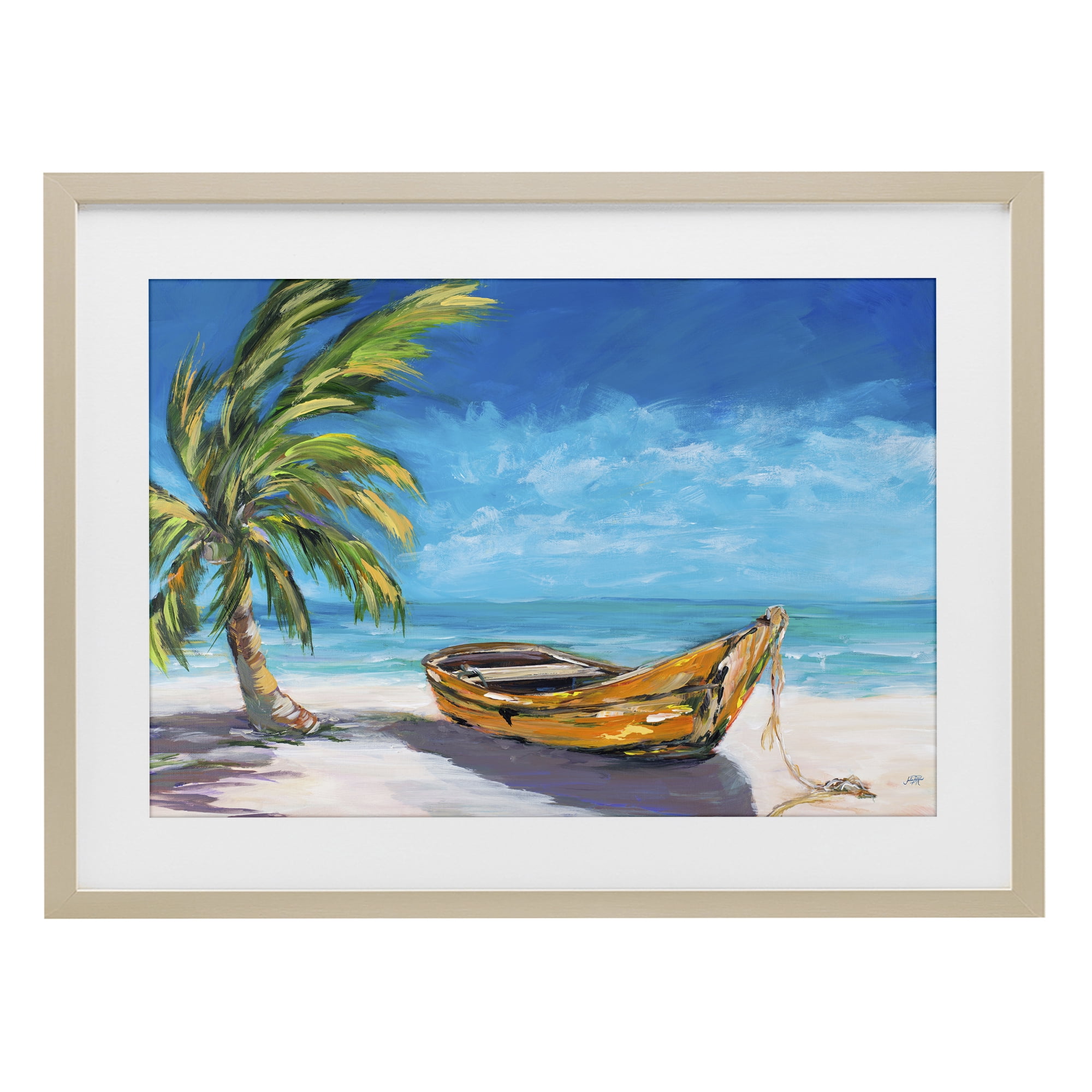 Stupell Industries Lost Island Palm & Boat Birch Framed Print Under Glass, design by Julie DeRice